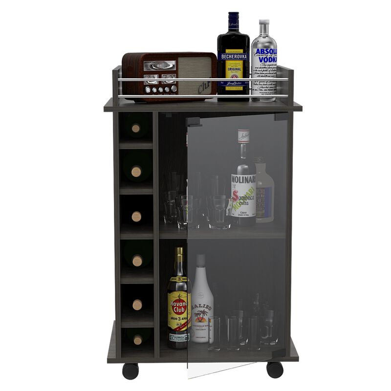 Dukat Bar Cart,Two Shelves, Six Built-in Wine Rack, Four Casters -Smokey Oak