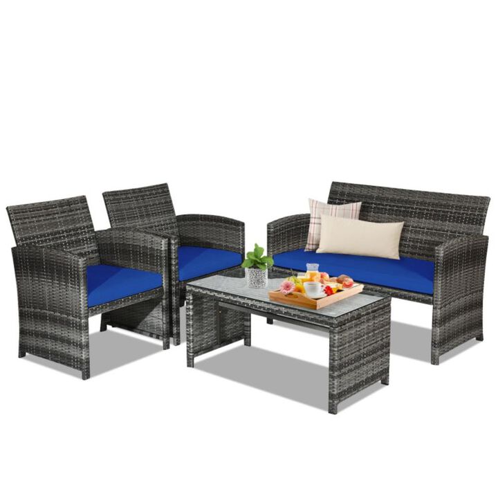 Hivvago 4 Pieces Patio Rattan Furniture Set with Glass Table and Loveseat