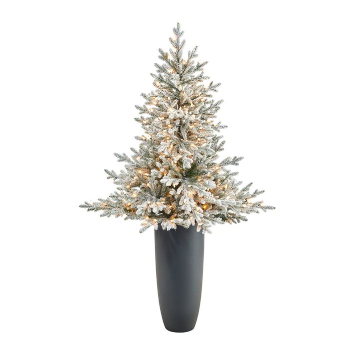 Nearly Natural 5-ft Flocked Fraser Fir Xmas Tree w/300 Lights in Gray Planter