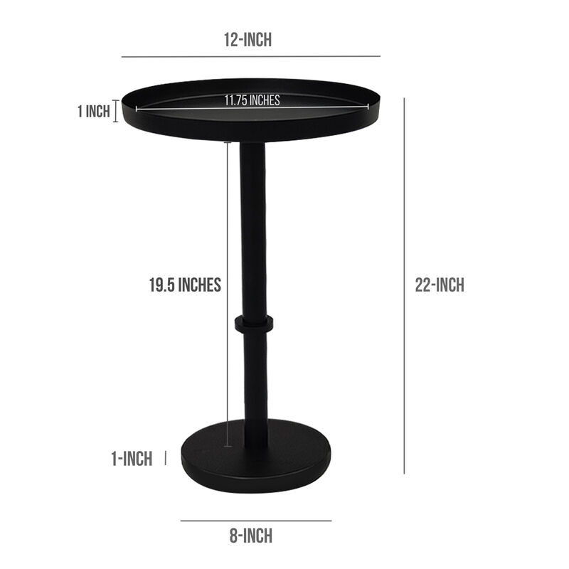 Ara 12 Inch Side End Table, Vintage Sleek Pillar Base, Round Tray Top, Matte Black