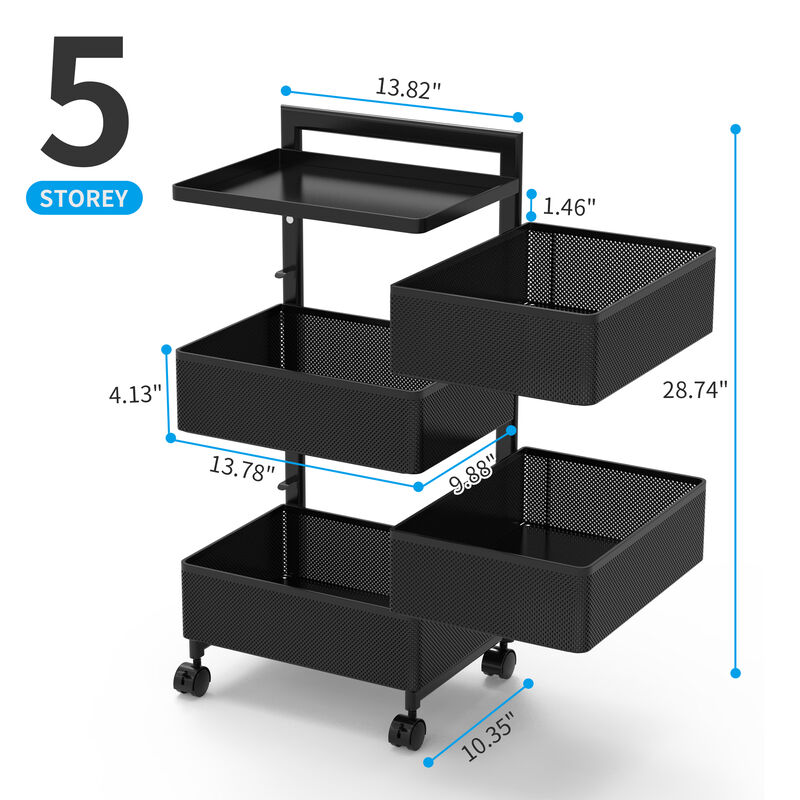 Mega Casa Rotating Kitchen Storage Rack with Handle, Fruit Vegetable Storage Shelf, Rolling Storage Cart, Multifunctional Household Shelf for Bedroom, Bathroom, Living Room(4-Tier Square)