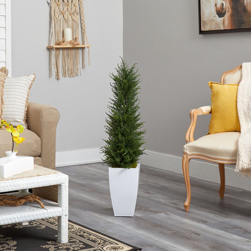 HomPlanti 3.5" Cypress Artificial Tree in White Metal Planter UV Resistant (Indoor/Outdoor)