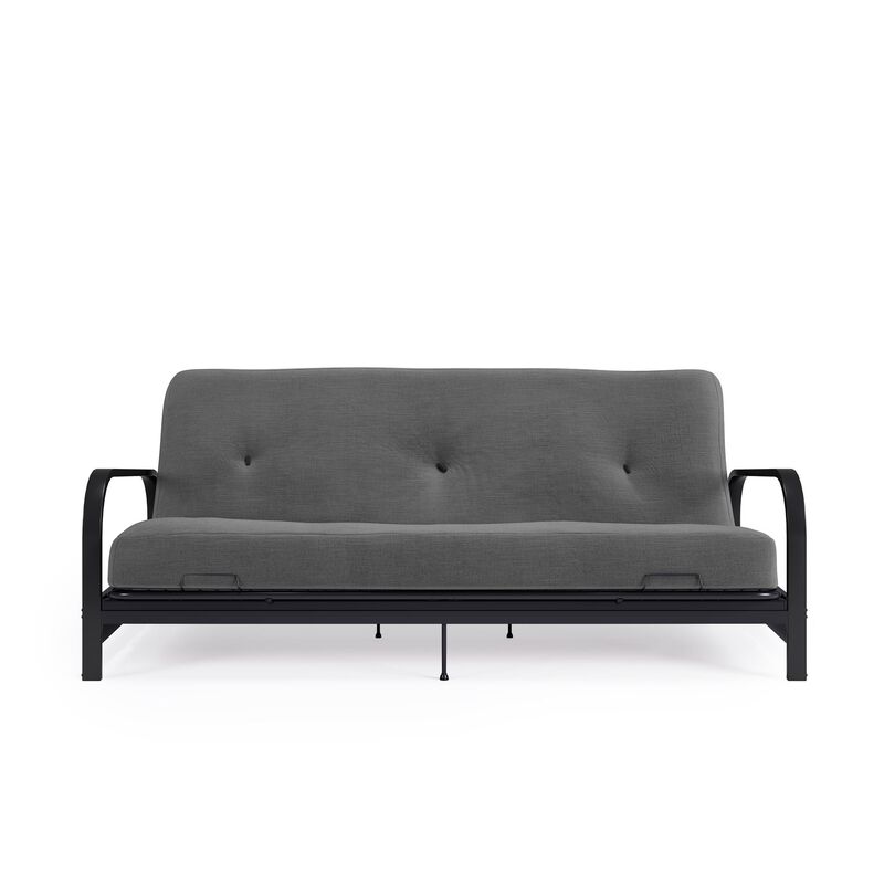 Max Black Metal Arm Full Size Futon Frame with 6” Thermobonded High Density Polyester Fill Gray Futon Mattress