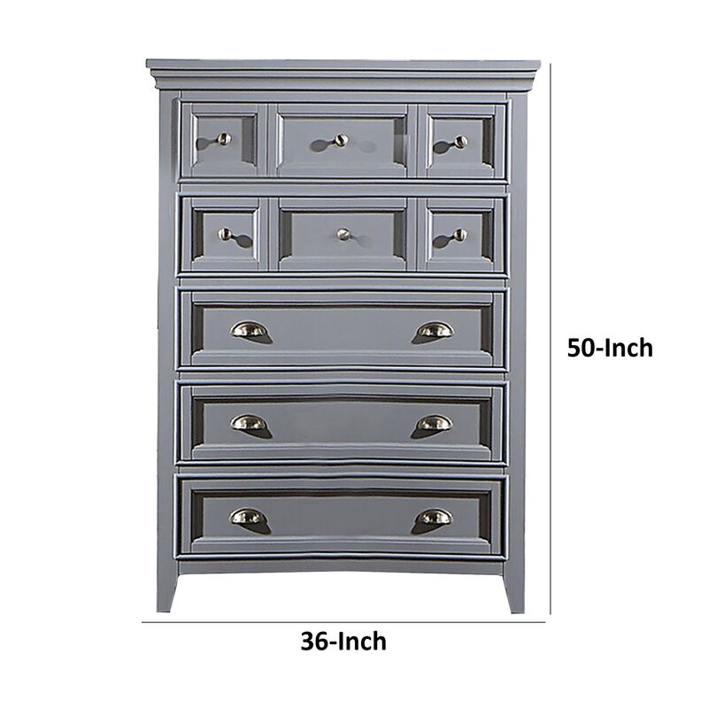 Benjara Lile 50 Inch Tall Dresser Chest, 6 Drawer, Crown Molding, Solid Wood, Gray