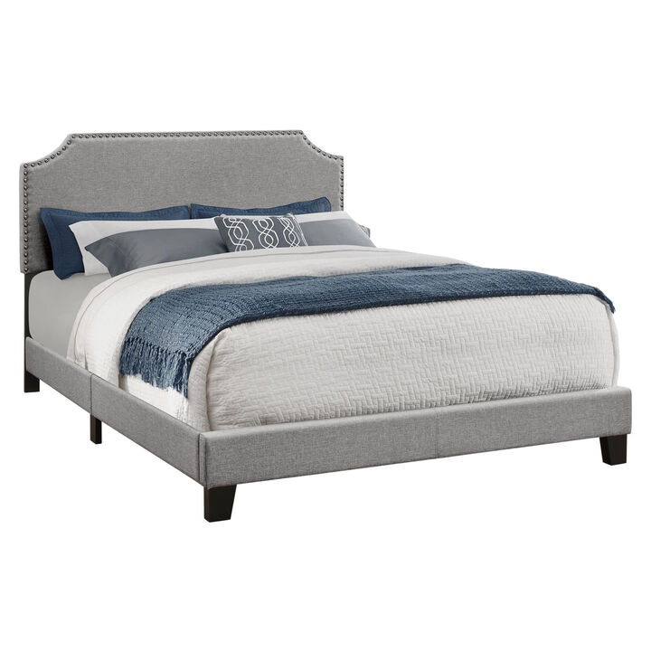 Monarch Specialties I 5925Q Bed, Queen Size, Platform, Bedroom, Frame, Upholstered, Linen Look, Grey, Chrome, Transitional