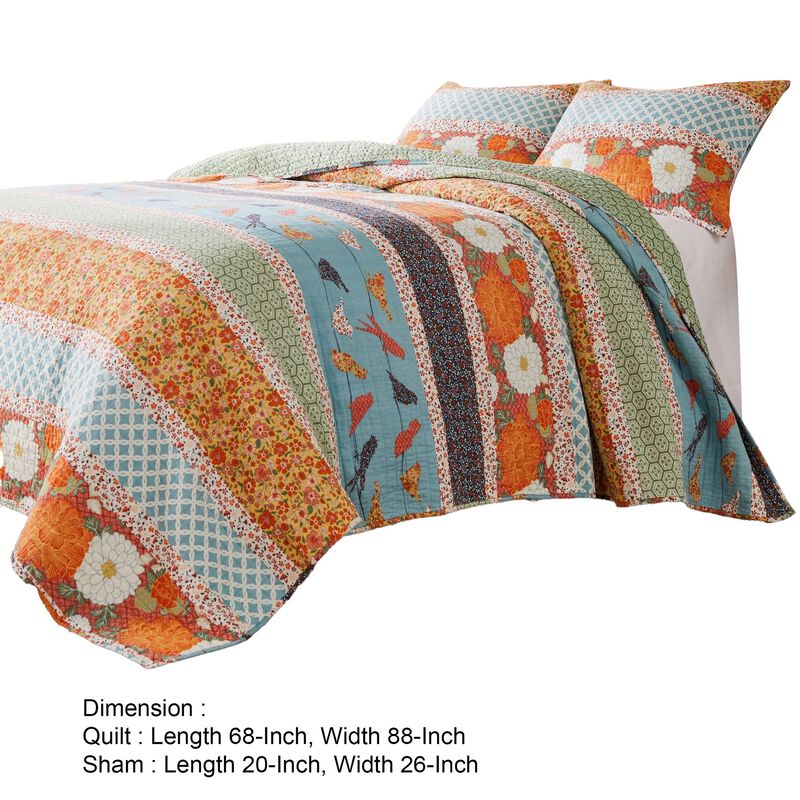 2pc Twin Quilt and Pillow Sham Set, Floral and Songbirds Prints, Multicolor - Benzara