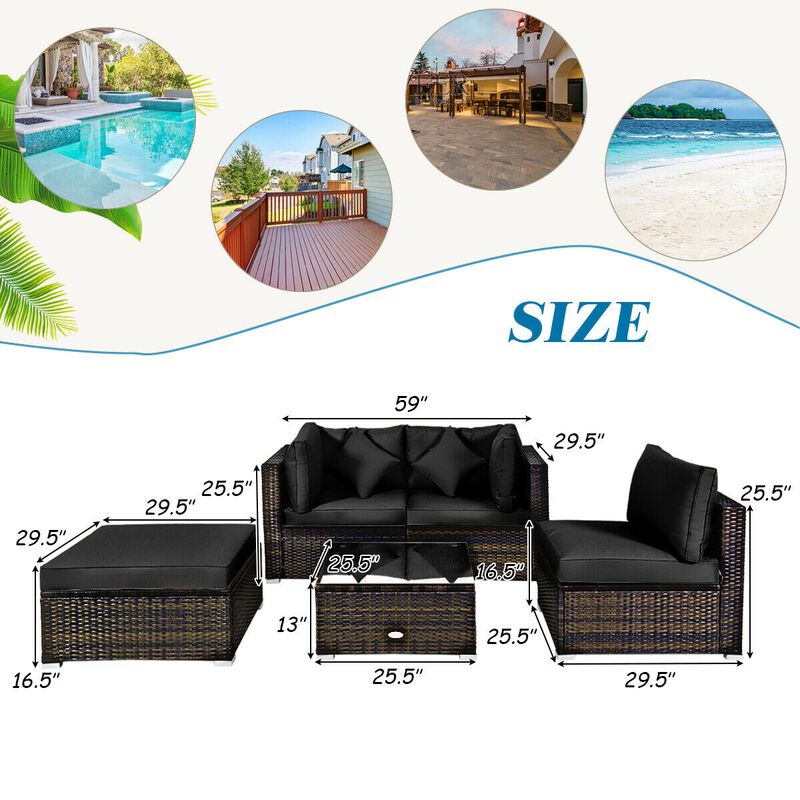 5 Pcs Outdoor Patio Rattan Furniture Set Sectional Conversation with Navy Cushions