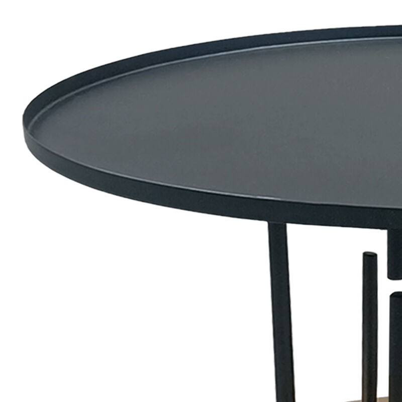 Neci 31 Inch Coffee Table, Round Matte Black Tray Top, Modern Rod Supports with Brass Base - Benzara