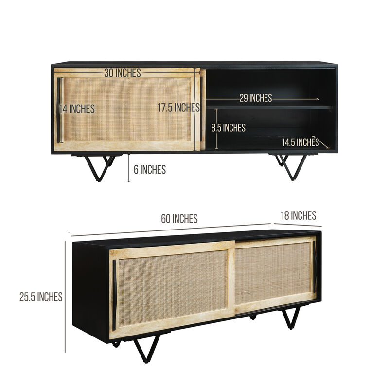 Handcrafted 60-Inch TV Media Console with Rattan Sliding Doors - Natural Brown And Matte Black Finish - Benzara