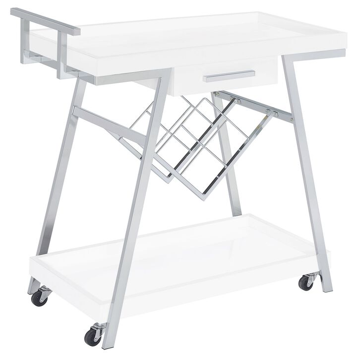 Kne 35 Inch Rolling Bar Cart, 2 Tier with Drawer, Stand, White Wood, Chrome - Benzara