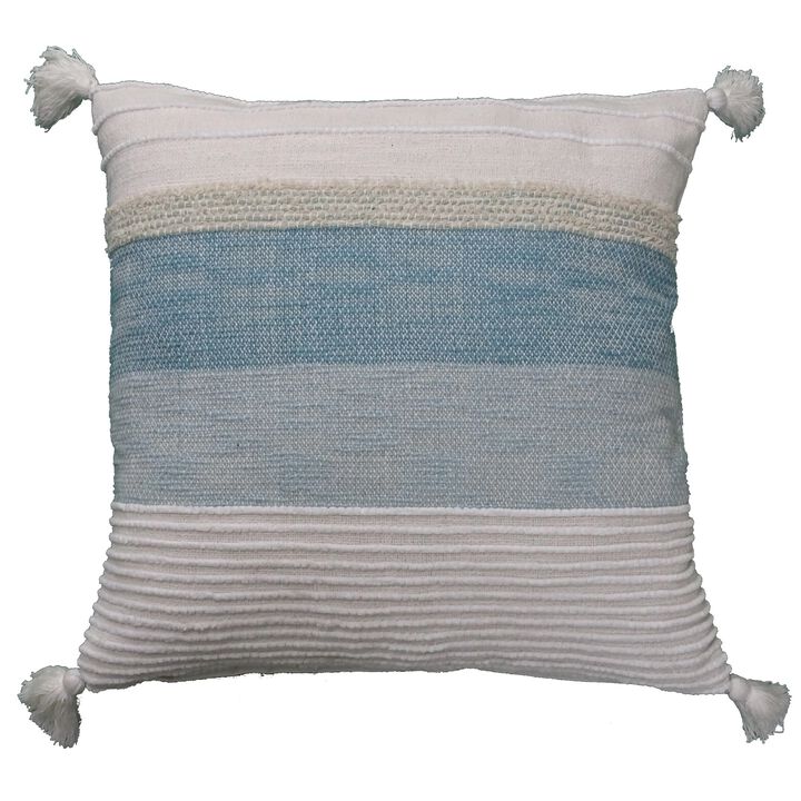 22" Beige and Blue Handloomed Striped Throw Pillow with Tassels