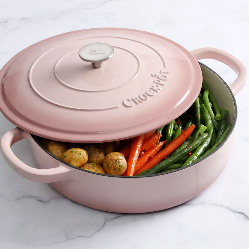 Crock Pot Artisan 5 Quart Round Enameled Cast Iron Braiser Pan with Self Basting Lid in Blush Pink