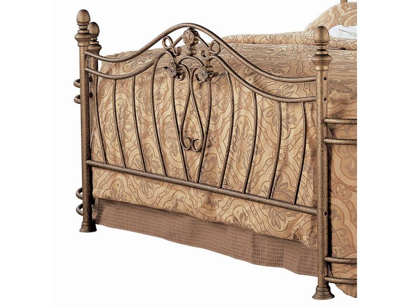 Metal Queen Headboard and Footboard with Swirling Floral Motifs, Antique Gold - Benzara