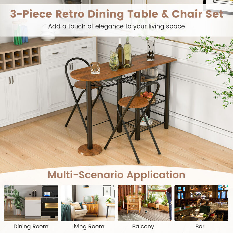 3 Pieces Retro Dining Table Set with 4-Tier Storage Shelf-Retro Brown