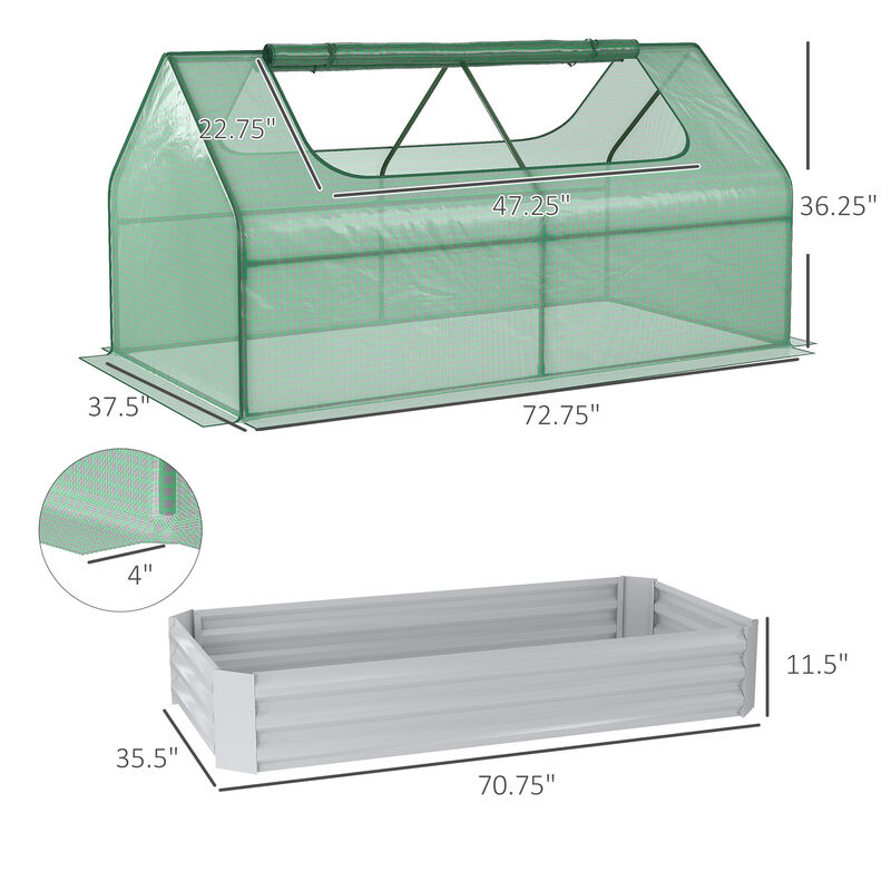 Outsunny 6' x 3' Galvanized Raised Garden Bed with Mini PVC Greenhouse Cover, Outdoor Metal Planter Box with 2 Roll-Up Windows for Growing Flowers, Fruits, Vegetables and Herbs, Light Gray