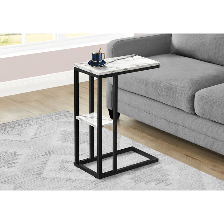 Monarch Specialties I 3675 Accent Table, C-shaped, End, Side, Snack, Living Room, Bedroom, Metal, Laminate, White Marble Look, Black, Contemporary, Modern