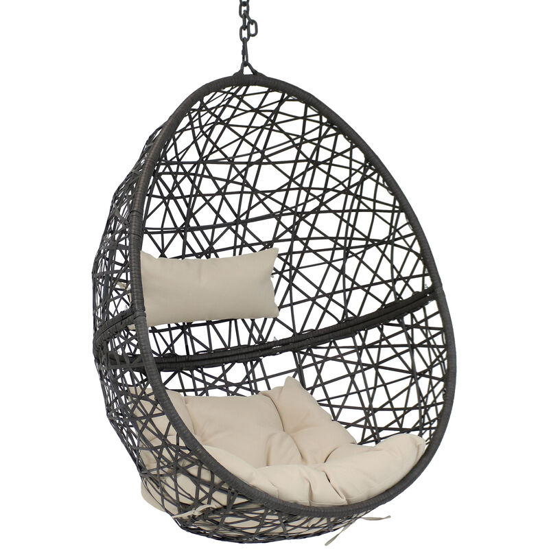 Sunnydaze Black Resin Wicker Hanging Egg Chair with Cushions