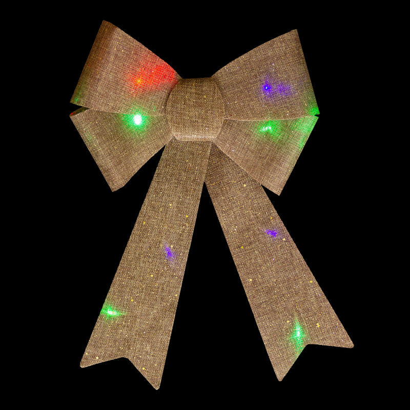 16" LED Lighted Gold Glitter Burlap Bow Christmas Decoration with Color Changing Lights