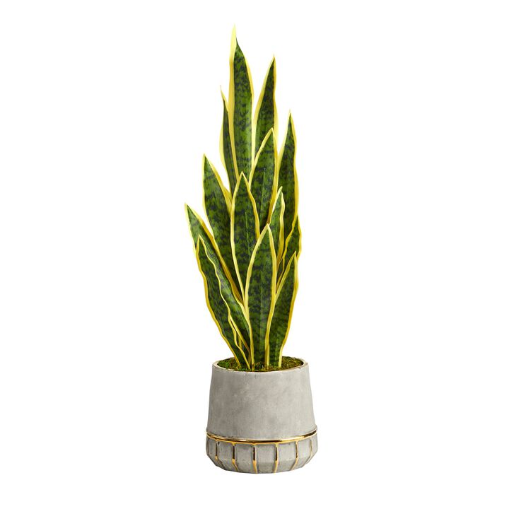 HomPlanti 34" Sansevieria Artificial Plant in Stoneware Planter with Gold Trimming