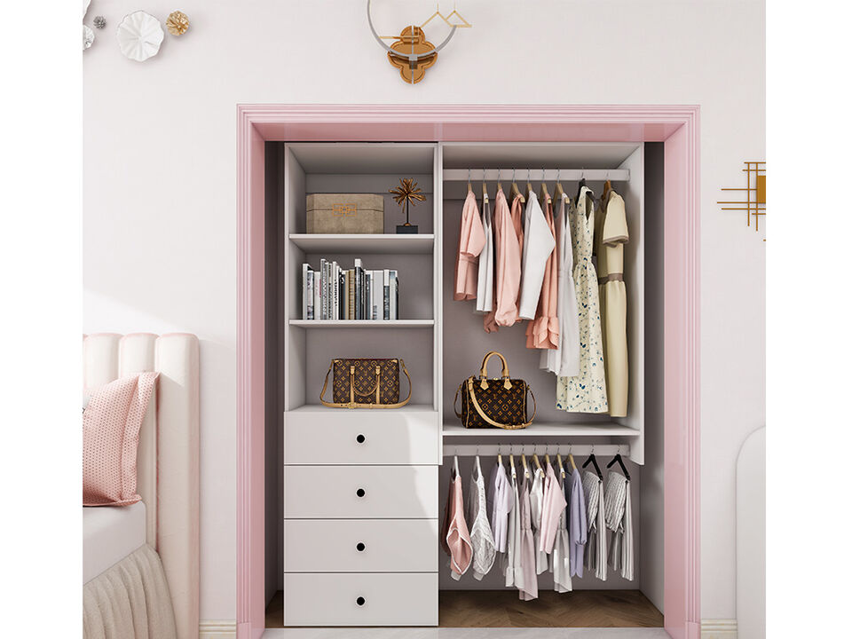 Closet Organizer System, Closet System with 4 Drawers, Walk in Closet Organizers and Storage with 3 Shelves Wall Mounted and 2  Clothing Racks, White Wardrobe Closet