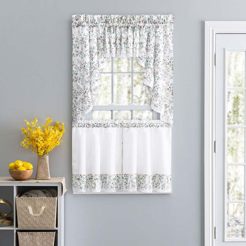 Ellis Country Floral Small Scale 1.5" Rod Pocket Floral Pattern with Ruffle Lace Edge Swag 58"x36" Multicolor