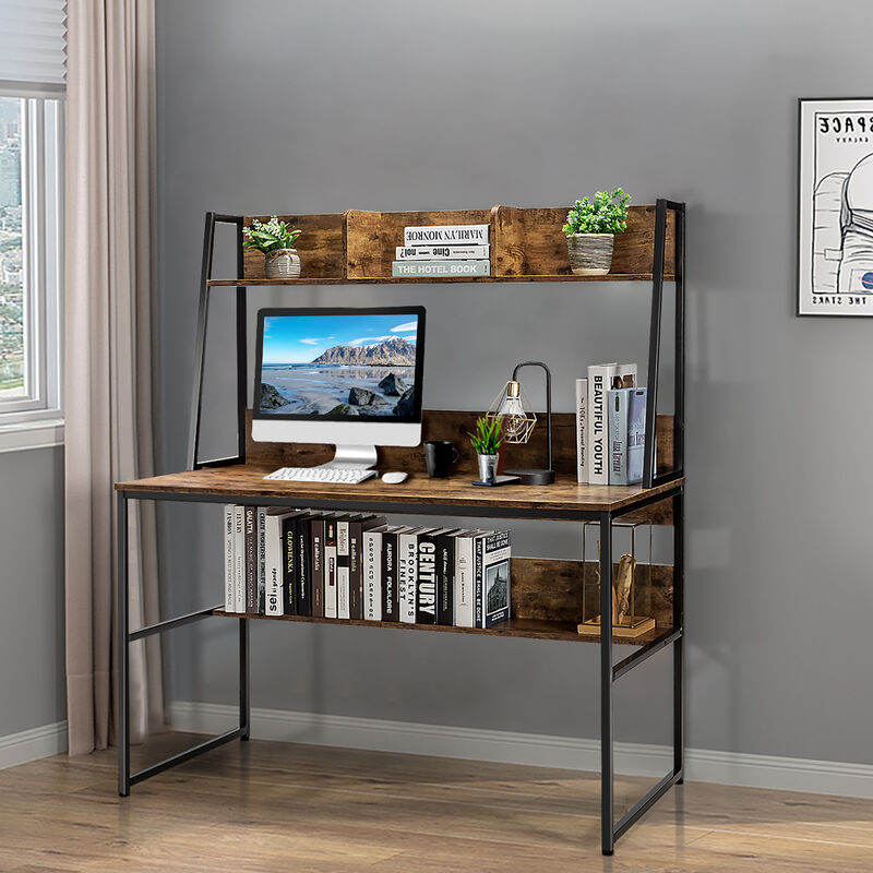 Costway 47'' Computer Desk w/ 3 Storage Cubes & Open Bookcase Home Office Natural