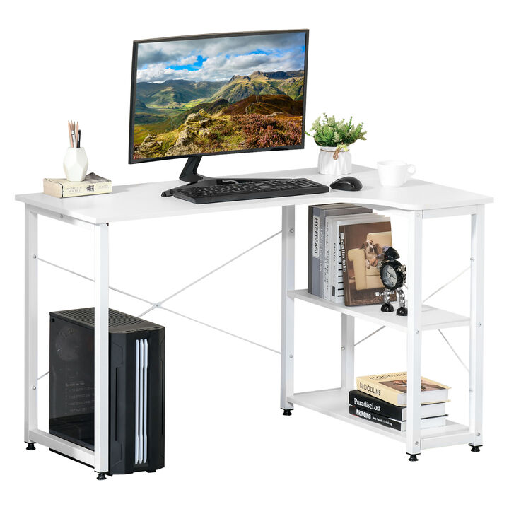 HOMCOM Industrial L-Shaped Computer Desk with 2 Side Shelves and Steel Frame, Corner Desk, Study Workstation for Home Office, White