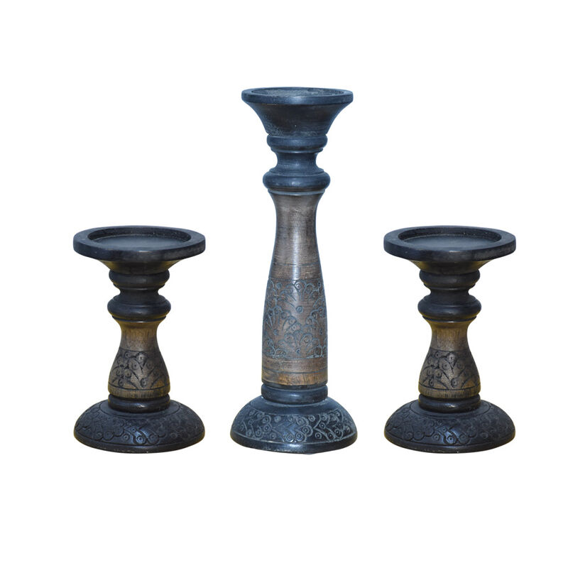 Traditional Black Wash Eco-friendly Handmade Mango Wood Set Of Three 6",12" & 6" Pillar Candle Holder