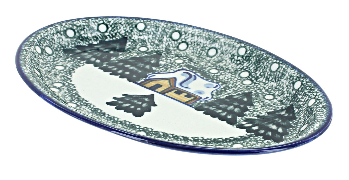 Blue Rose Polish Pottery Winter Forest Oval Dish