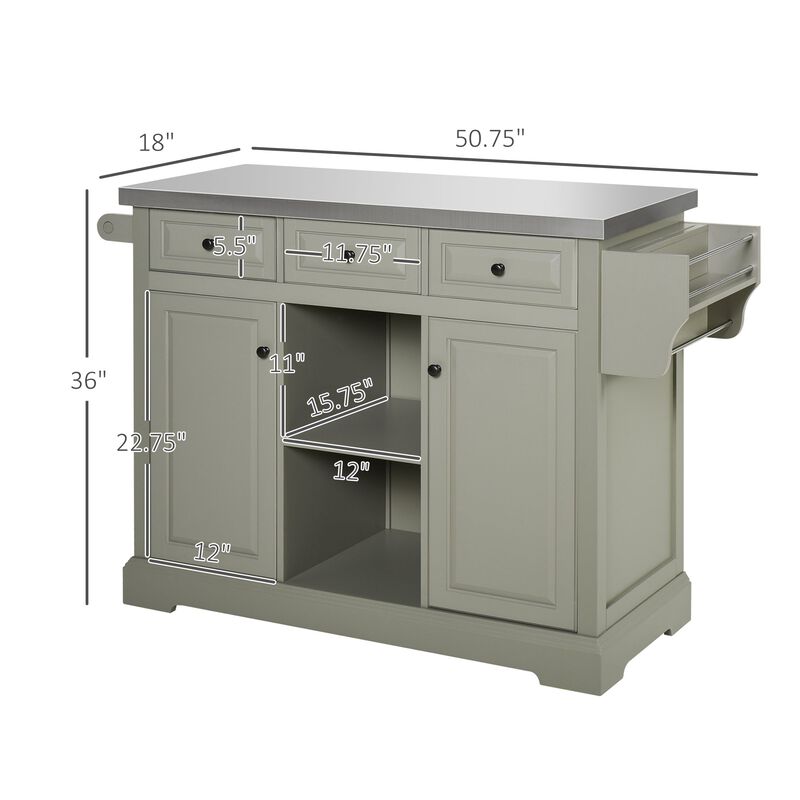 Rolling Kitchen Island with Stainless Steel Top, Spice Rack & Drawers, Utility Portable Multi-Storage Cart on Wheels, Grey