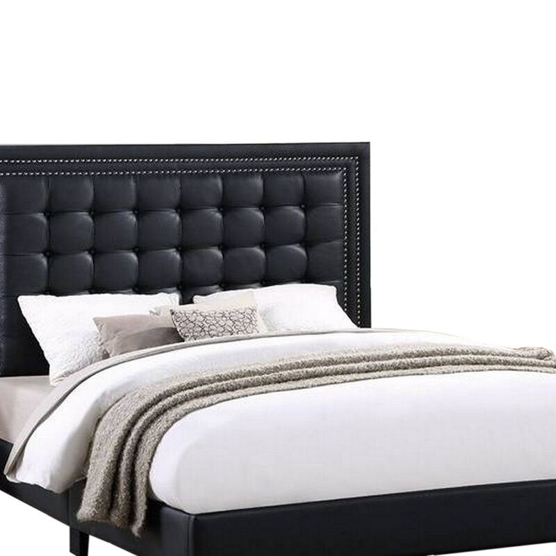 Vea Modern Platform Queen Bed, Deep Tufted Upholstery, Black Faux Leather - Benzara