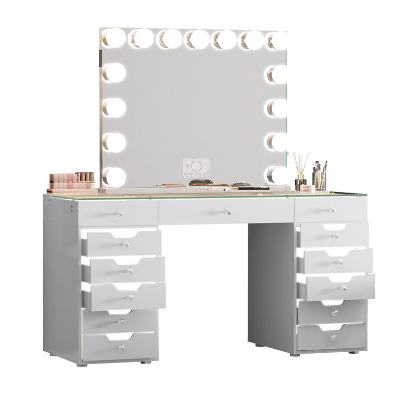 VANITII 13 Drawers Modern Makeup Vanity Desk Dressers with  Lights for Bedroom White Finish with 15 LED Bulbs Mirror