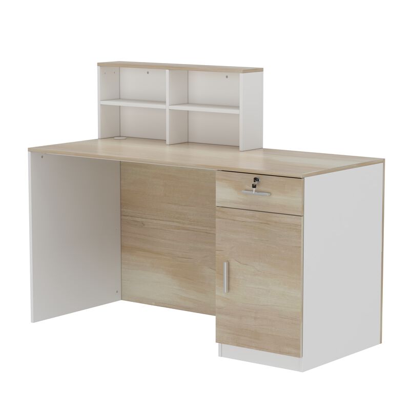 Rectangular White Wooden Computer Desk, Writing Desk with Drawer, 4 Shelves and A Container, 55.1 in.W-23.6 in.D