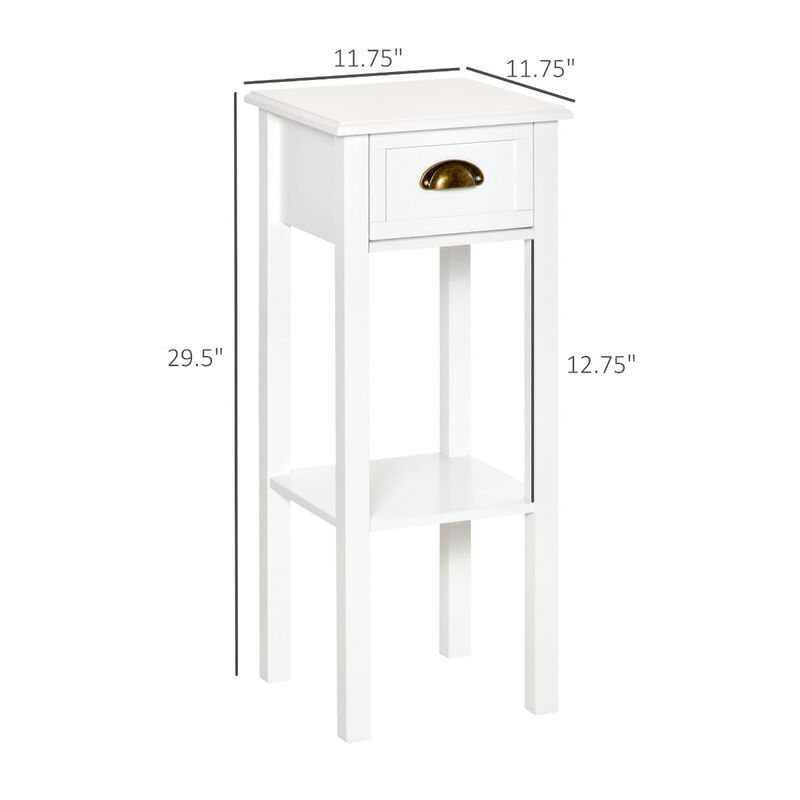 White Tall Nightstand: 2-Tier Slim Side Table with Drawer and Shelf