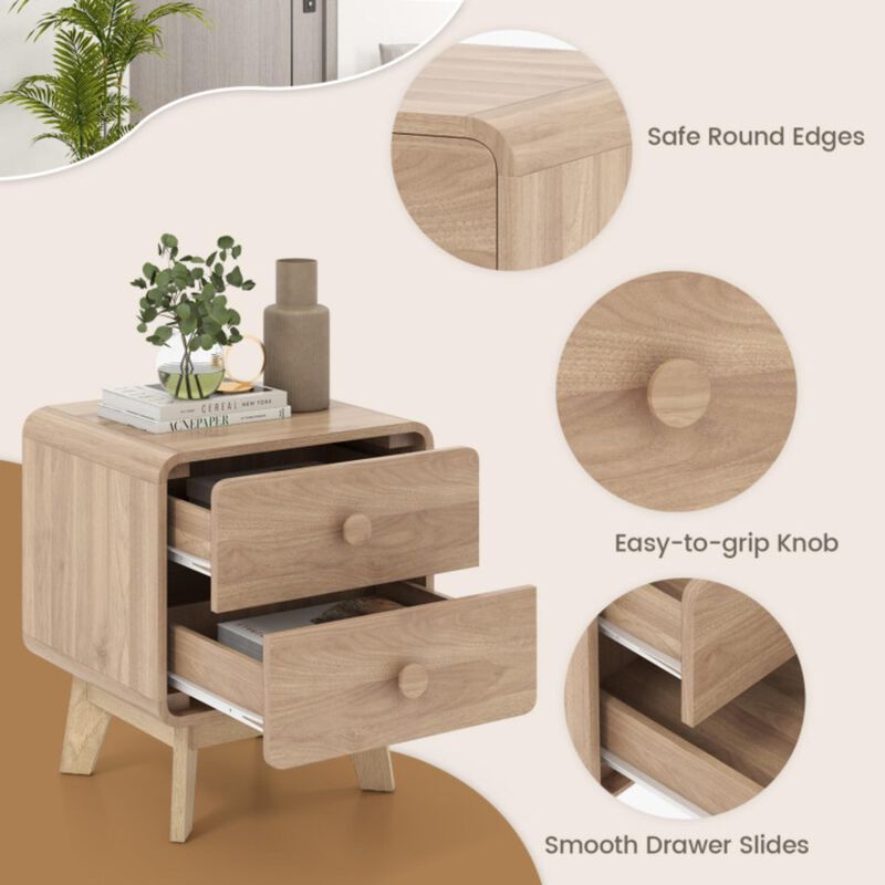 Hivvago Nightstand with 2 Drawers Solid Rubber Wood Legs