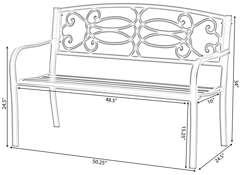 Steel Outdoor Patio Garden Park Seating Bench with Cast Iron Scrollwork Backrest, Front Porch Yard Bench Lawn Decor