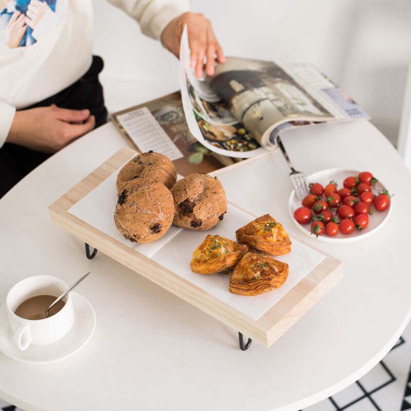 Decorative Natural Wood Rectangular Tray Serving Board with Black Metal Stand