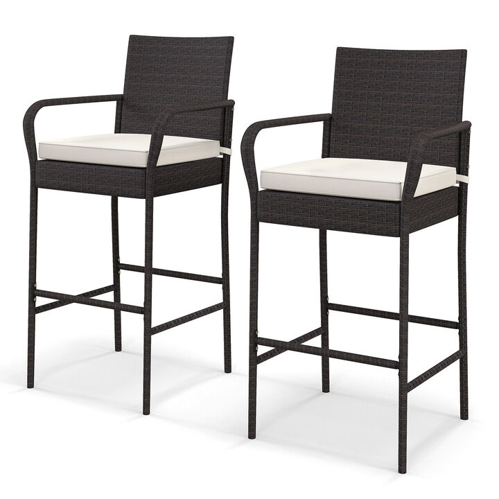 Outdoor PE Rattan Cushioned Barstool Set with Armrests