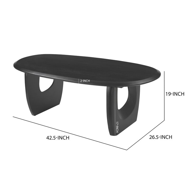 43 Inch Coffee Table, Handcrafted Acacia Wood, Cut Out Rounded Panel Legs, Black - Benzara