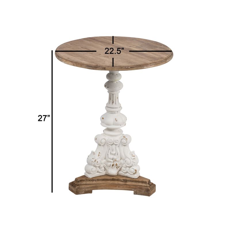 27 Inch Side End Table, Mango Wood, Round, Turned Pedestal, White, Brown-Benzara