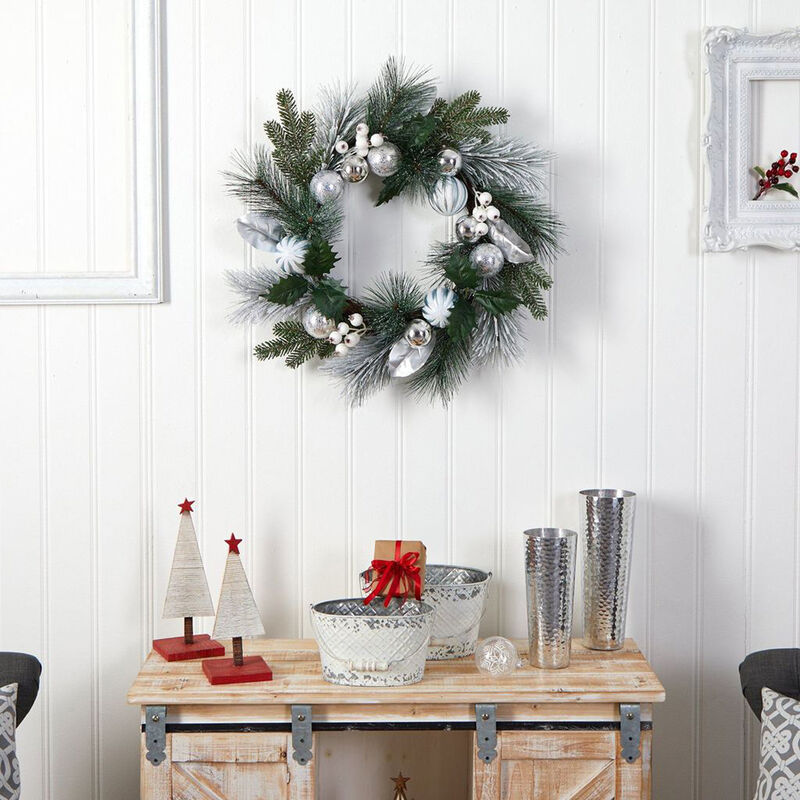 Nearly Natural 24-in Assorted Snow Tipped Pine, Pinecones and Berries Artificial Christmas Wreath with Silver Ornaments