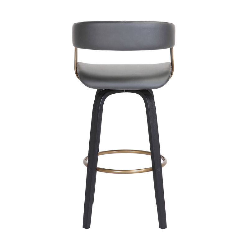 Topanga  Swivel Black Wood Counter Stool in Grey Faux Leather with Golden Bronze Metal