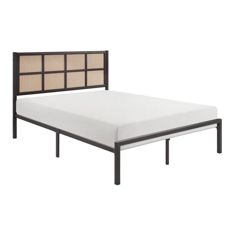 Annie Queen Platform Bed, Framed Faux Cane Panel Headboard, Dark Bronze - Benzara