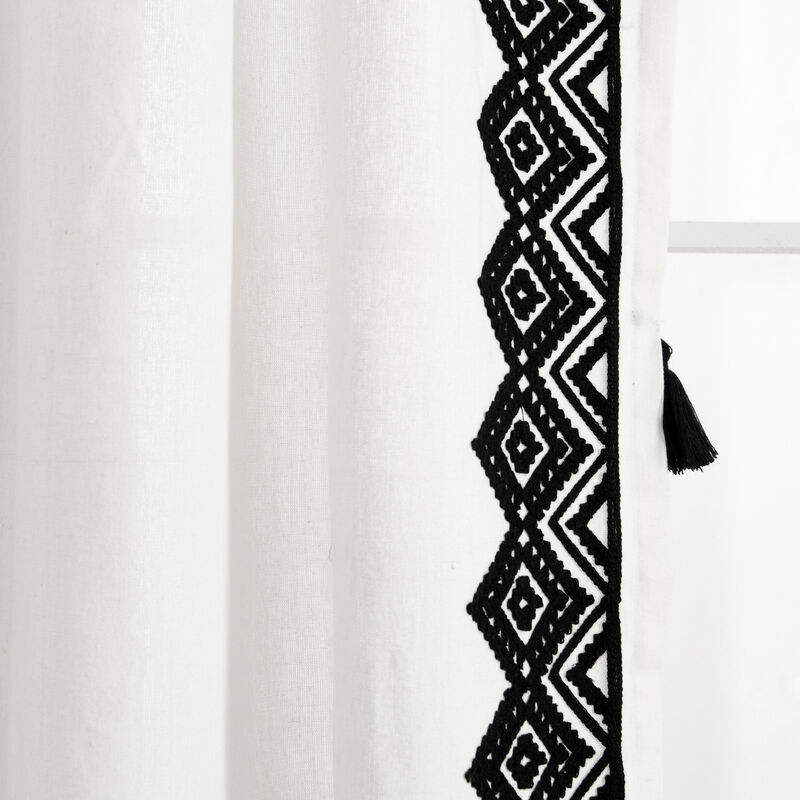 Aztec Diamond Border Tassel Window Curtain Panels Off White/Black Single 52X84