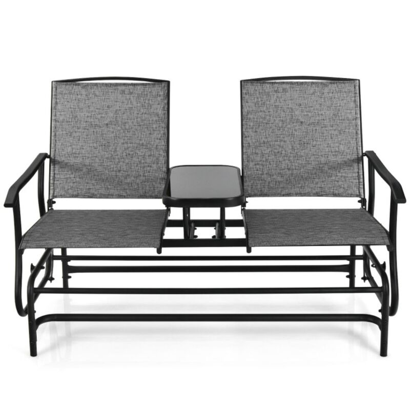 2-Person Double Rocking Loveseat with Mesh Fabric and Center Tempered Glass Table- Grey