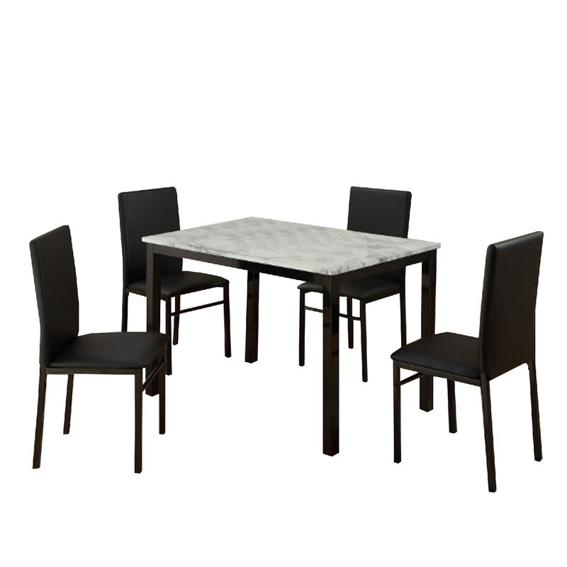 Riley 5 Piece Dining Table Set, Wood, 4 Chairs, White Fabric Upholstery - Benzara