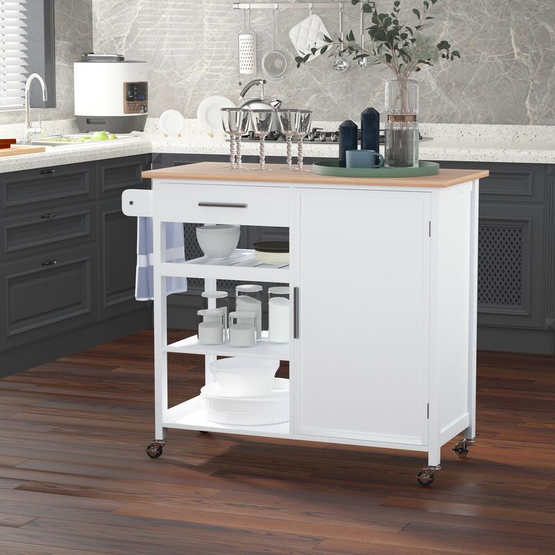 4-Tier Rolling Kitchen Island Utility Trolley Serving Cart Kitchen Storage Cart w/ Butcher Block Countertop, Drawer, White