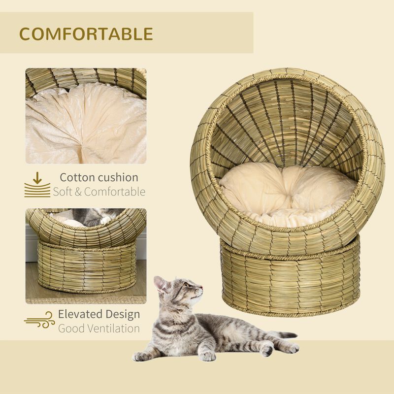 Cat Basket Bed with Cushion, Elevated Kitty House with Stand for Indoor Cats, Î¦20" x 23.5"H, Yellow