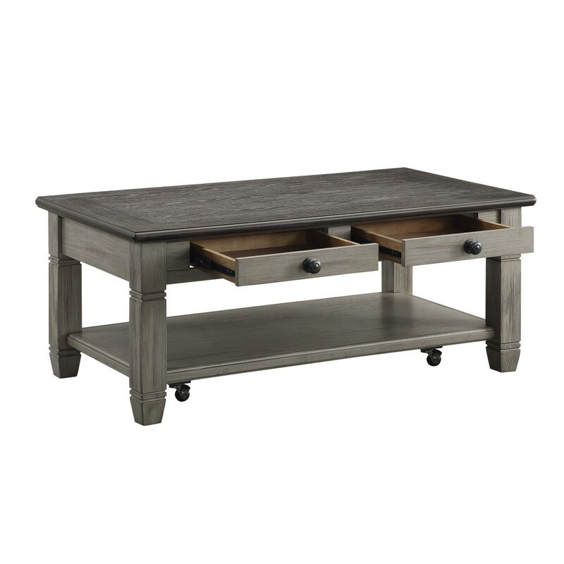 Rome 48 Inch Cocktail Table, 2 Drawers, Casters, Brown and Gray Solid Wood - Benzara