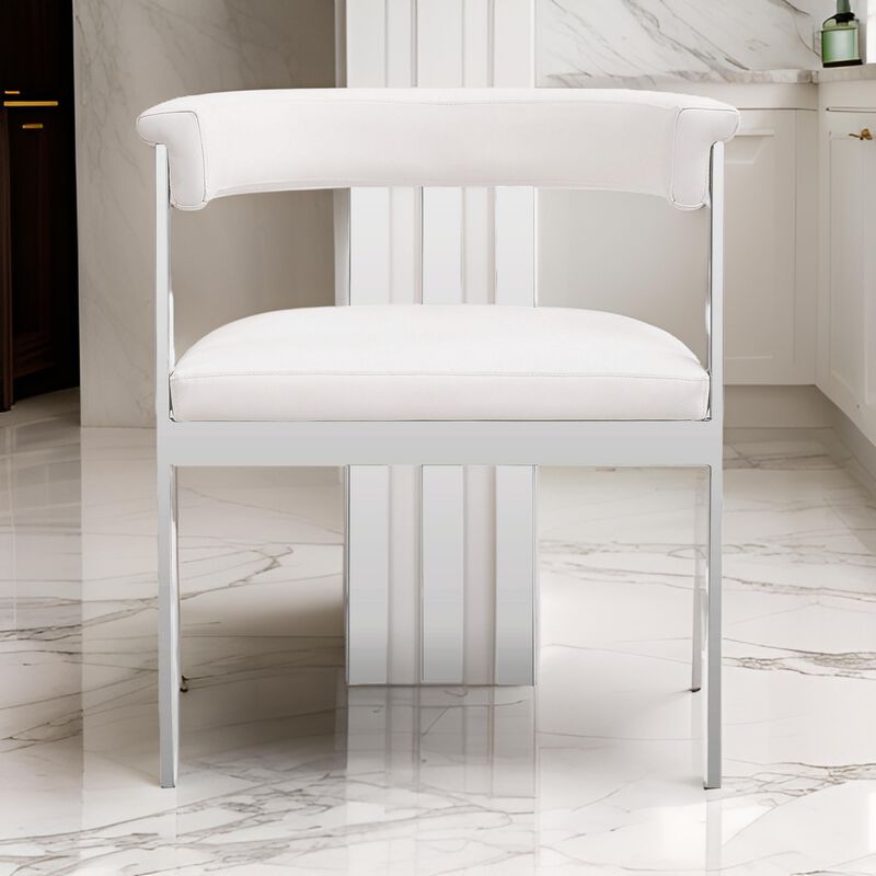 Cid Tayc 25 Inch Dining Chair, White Faux Leather, Stainless Steel Frame - Benzara